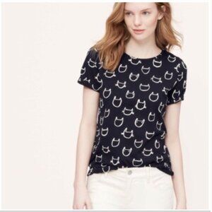 LOFT Cat Print Novelty Short Sleeve Tee Shirt Dark Navy White Large Twee Artsy